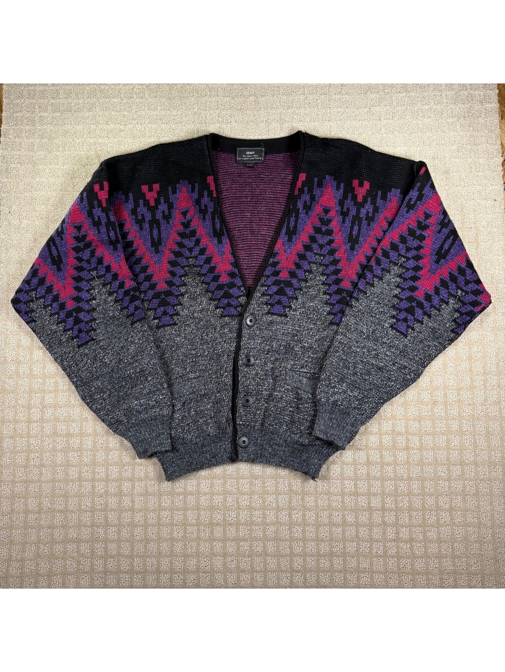 Sears gray pink purple patterned cardigan large